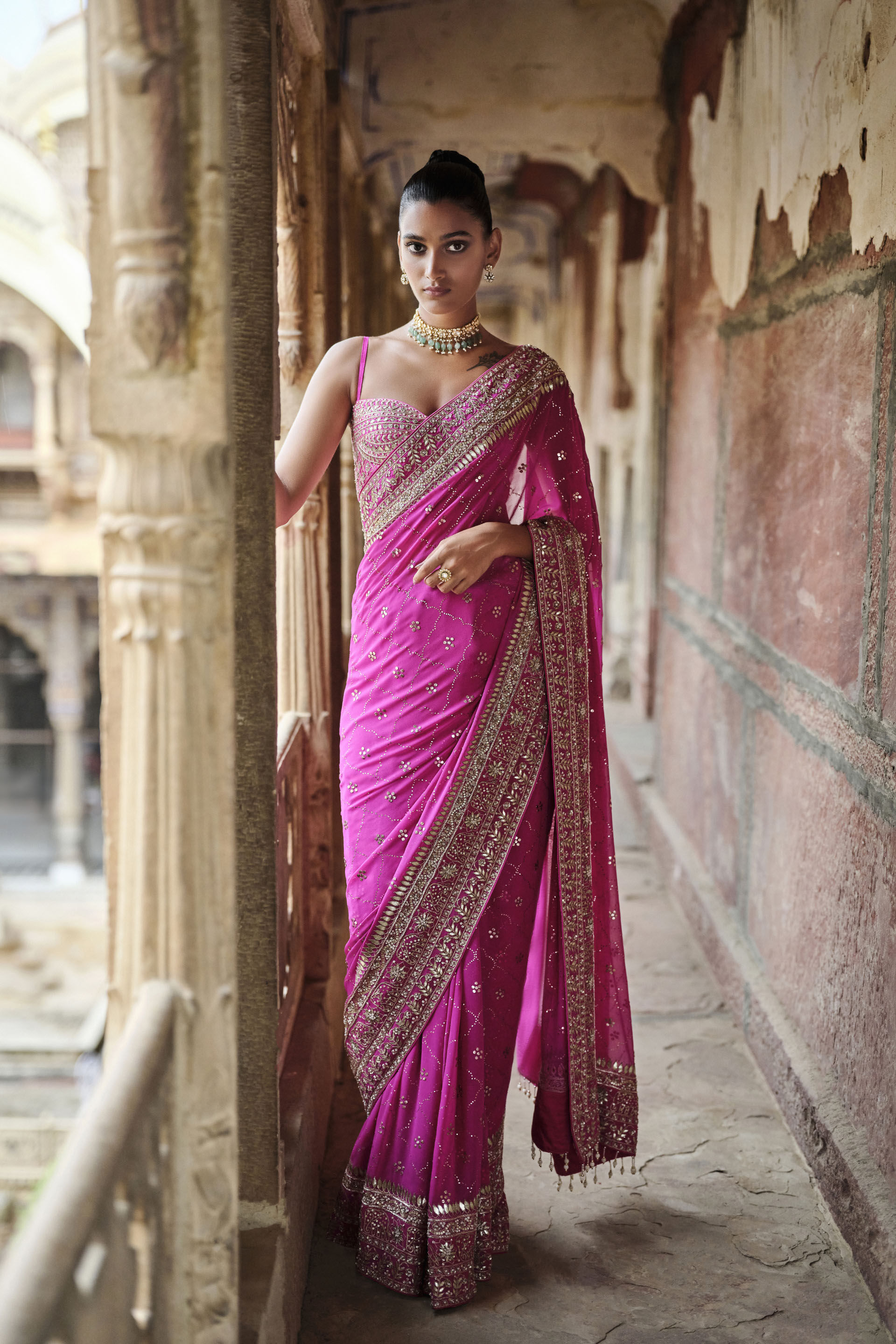 Anushna Handcrafted Badla Georgette Saree - Hot Pink